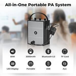 50W Voice Amplifier with 2 Headset Microphones, Bluetooth Speaker Megaphone